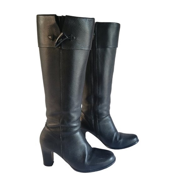 Jones Bootmaker Black Leather Tall Boots Size 38 EU 7.5 US EUC Chunky 3" Heel - Picture 3 of 8